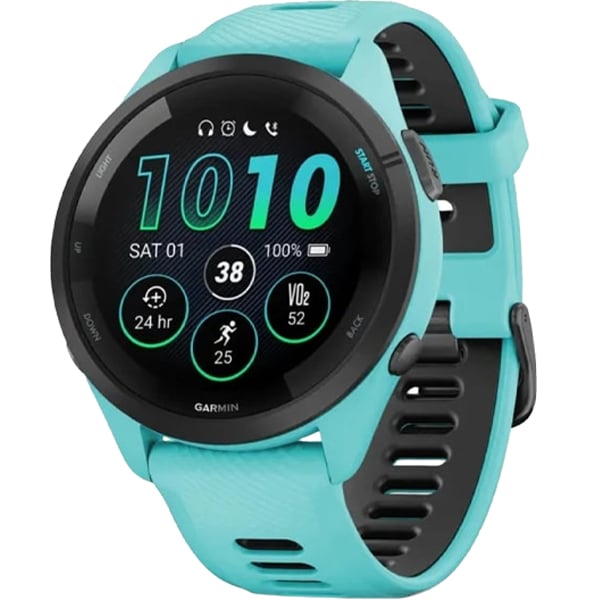 Garmin 010-02810-12 Forerunner 265 Smartwatch Black Bezel With Aqua Case And Aqua/Black Silicone Band