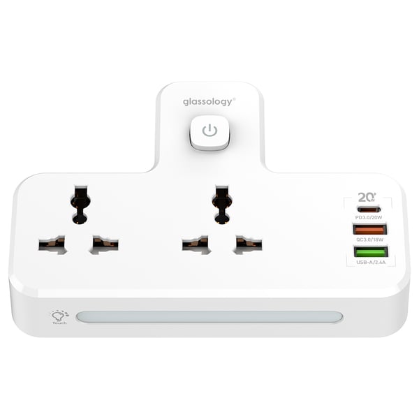 Glassology 2 Way Power Strip with 3 USB Ports White