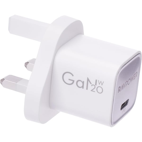شاحن جداري راف باور بمنفذ USB-C وتقنية GaN PD لون أبيض