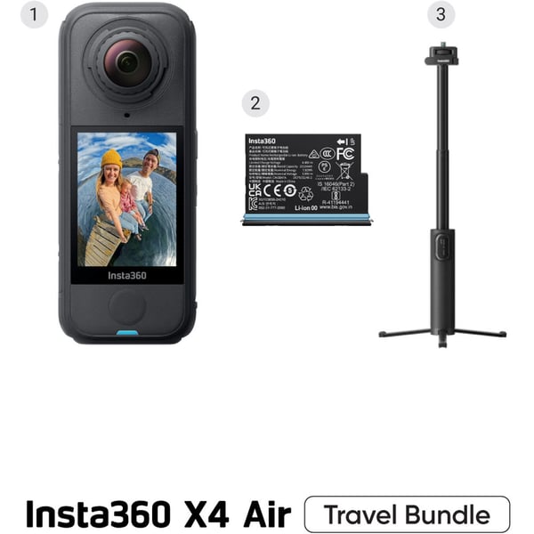 Insta360 - X4 Air - (165G Only) - 360 Camera - Travel Bundle - Black (Foldable 2in1 Invisible Selfie Stick & Tripod + Additional Battery)