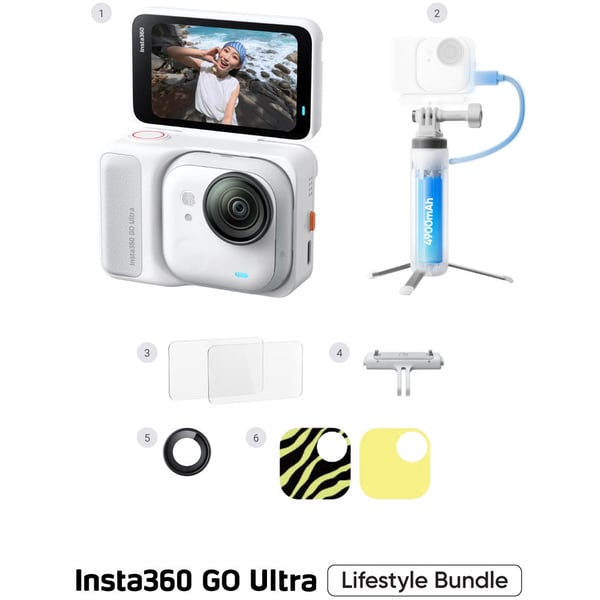 Insta360 - Go Ultra - Lifestyle Bundle - White (Tripod With Built-In 4,900mAh Power Bank + 2x Screen Protectors + Lens Guard + 2x Custom Skins)