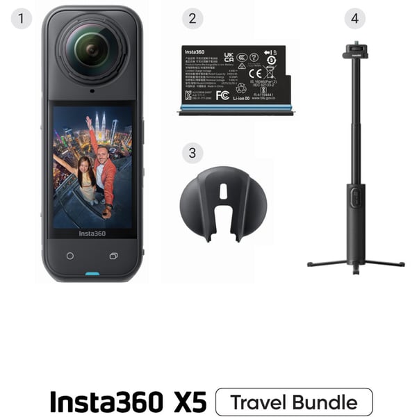 Insta360 - X5 - 360 Camera - Travel Bundle - Black (Foldable 2in1 Invisible Selfie Stick & Tripod + Additional Battery + Lens Cap)