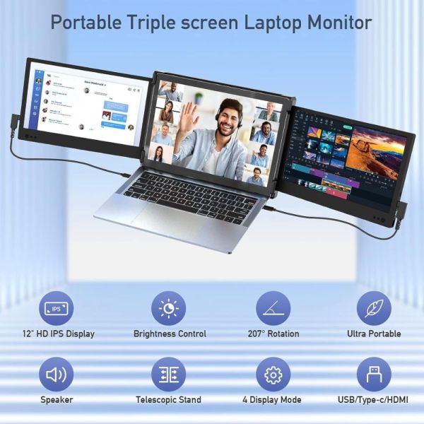 Triple Screen Laptop Monitor, 12'' Portable Oman