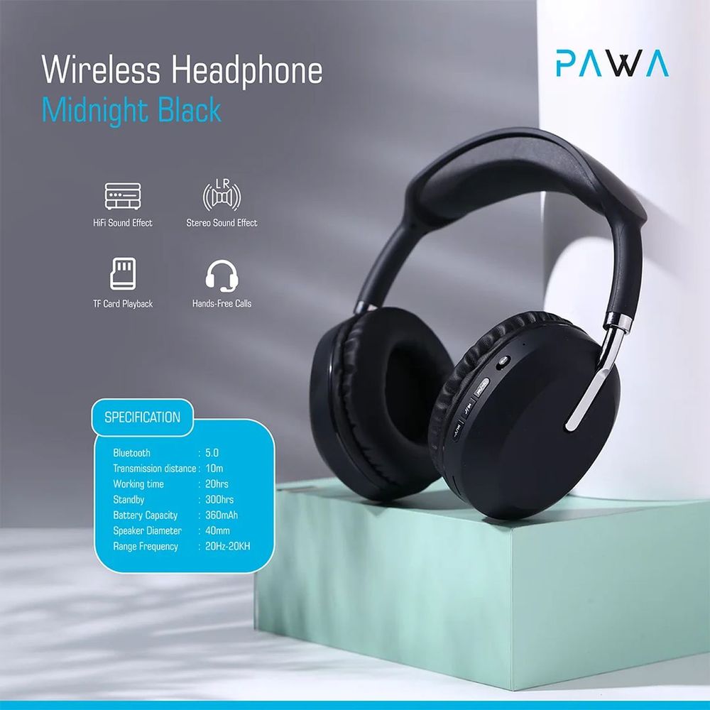 Pawa PW-OEHF423-BK Thunk Stereo Over Ear Wireless Headphones Black