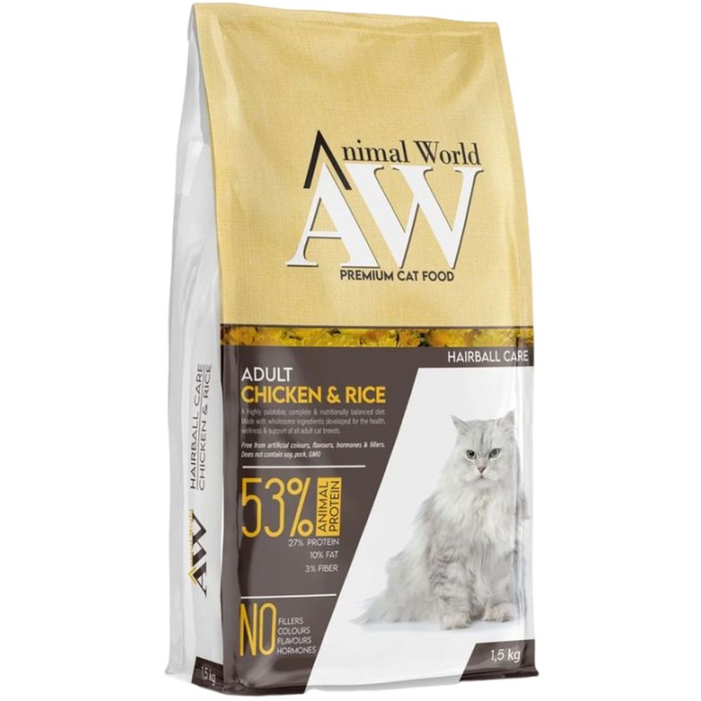 Animal World Adult Cat Chicken Rice Dry Food 1.5kg Pack of 1pc